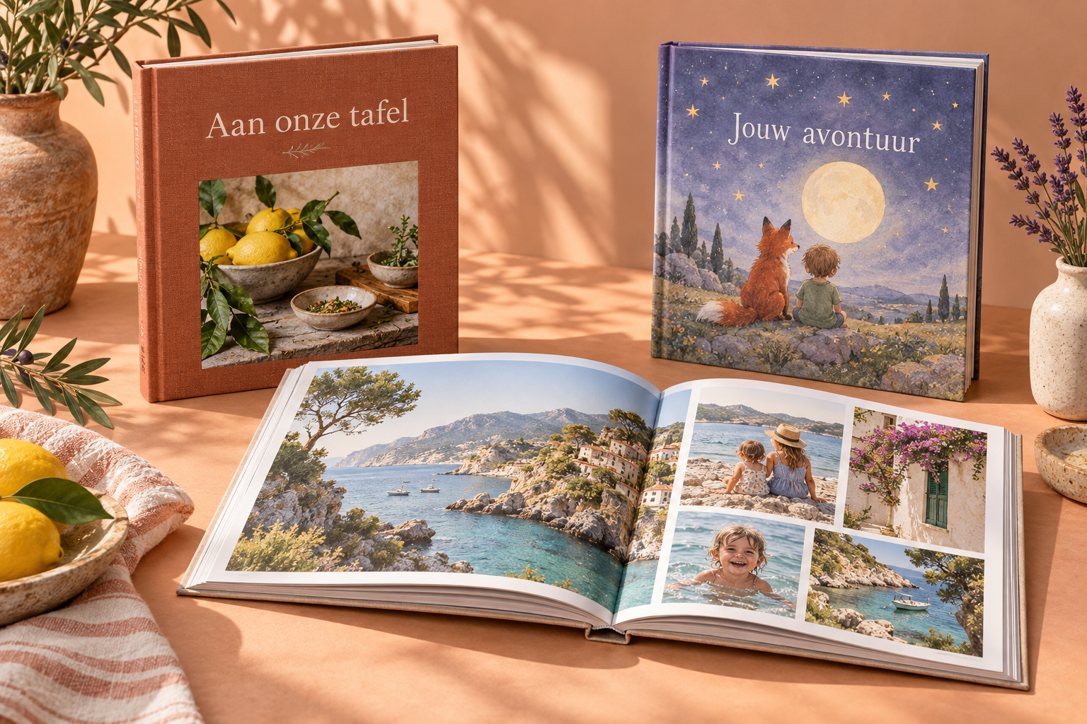 Sfeervoorbeeld van een open vakantiefotoboek, een persoonlijk kinderboek en een receptenboek