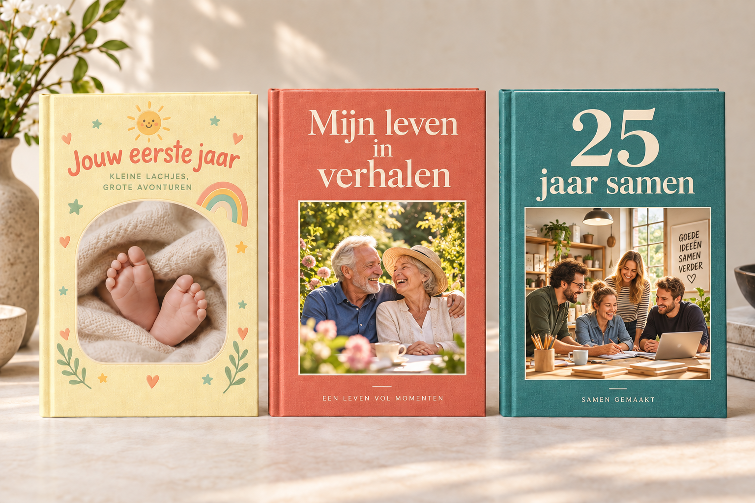 Drie ontwerpvoorbeelden: een babyboek, een levensboek en een jubileumboek